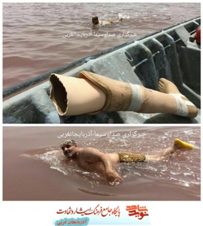 شنای جانباز ارومیه ای در دریاچه ارومیه برای گرامیداشت سوم خرداد و  یاد و خاطره شهدای غواص