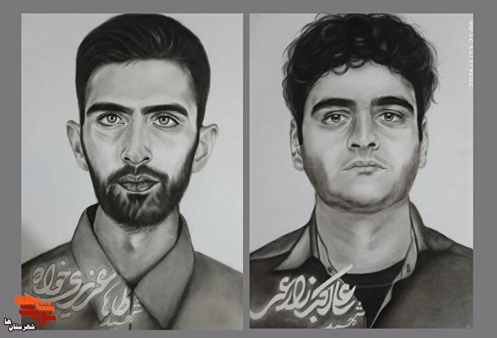 نقاشی سیاه‌قلم تصویر شهیدان «علی‌اکبر زارعی و طاها عزیزی‌خواه»