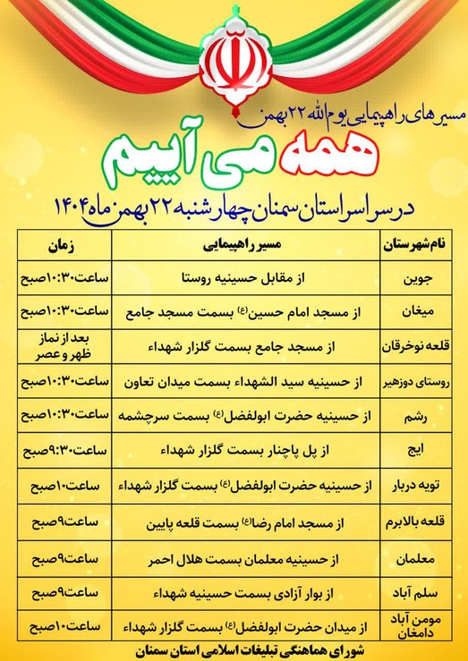 زمان و مسیر راهپیمایی ۲۲ بهمن در شهرستان‌ها و روستا‌های استان سمنان